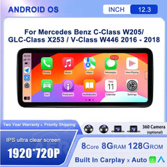 Android 14 12.3"For Mercedes Benz C-Class W205 / GLC-Class X253 / V-Class W446 2016-2018 AERISAUTO for Apple Android screen and Android Auto Aerisauto