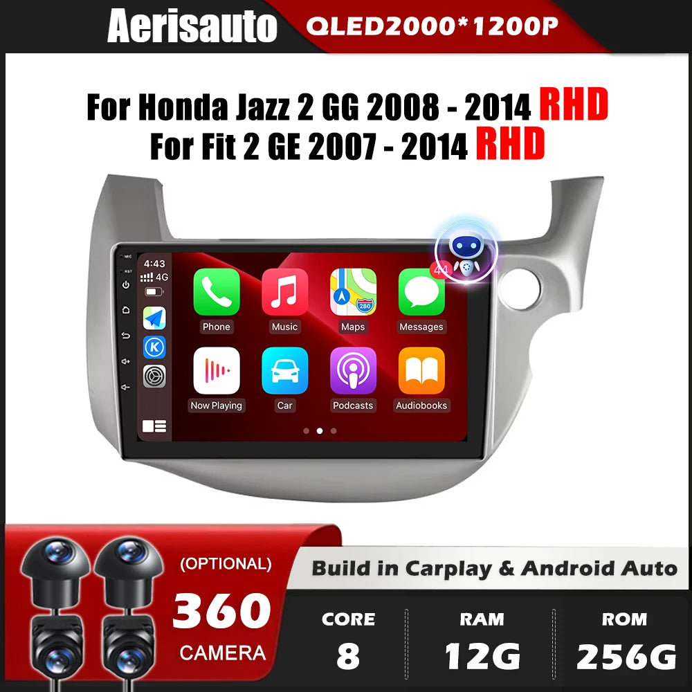9''For Honda Jazz 2 GG 2008-2014 Fit 2 GE 2007-2014 AERISAUTO for Apple Android screen and  Android Auto