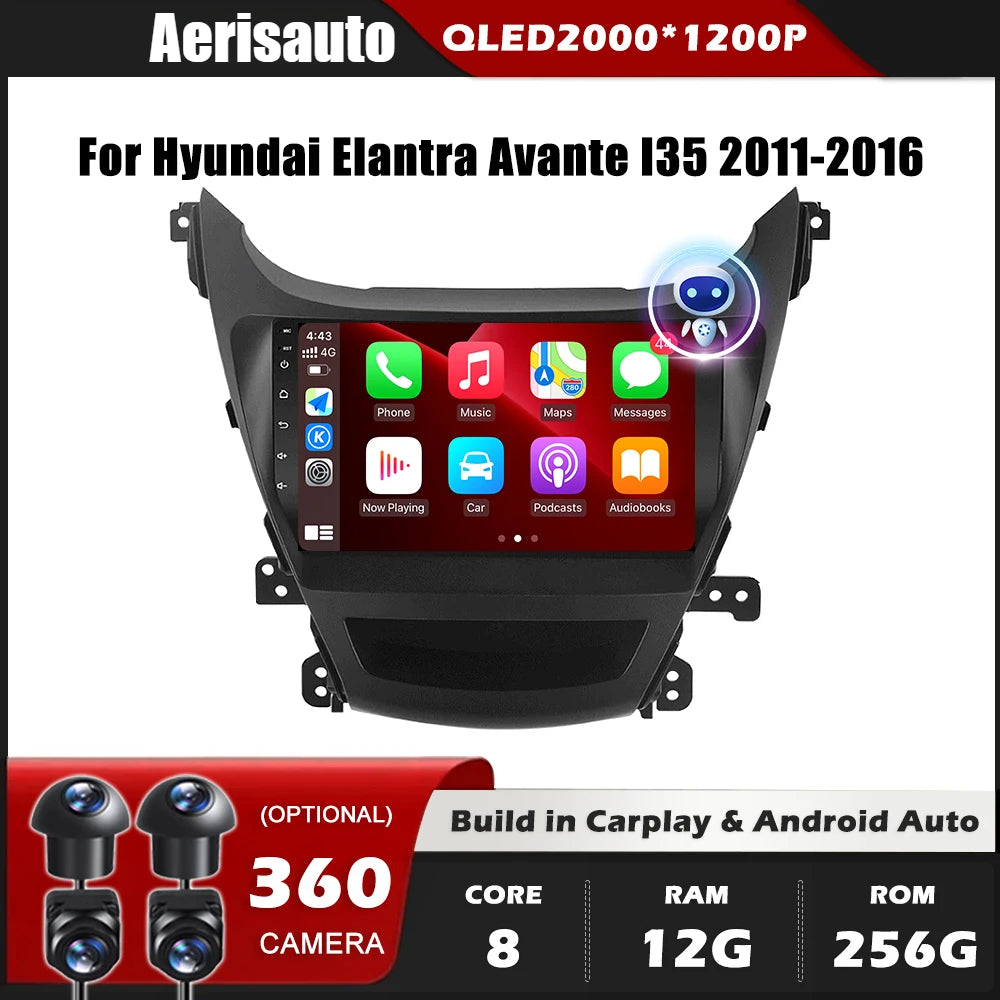 9''For Hyundai Elantra Avante I35 2011-2016 AERISAUTO for Apple Android screen and  Android Auto