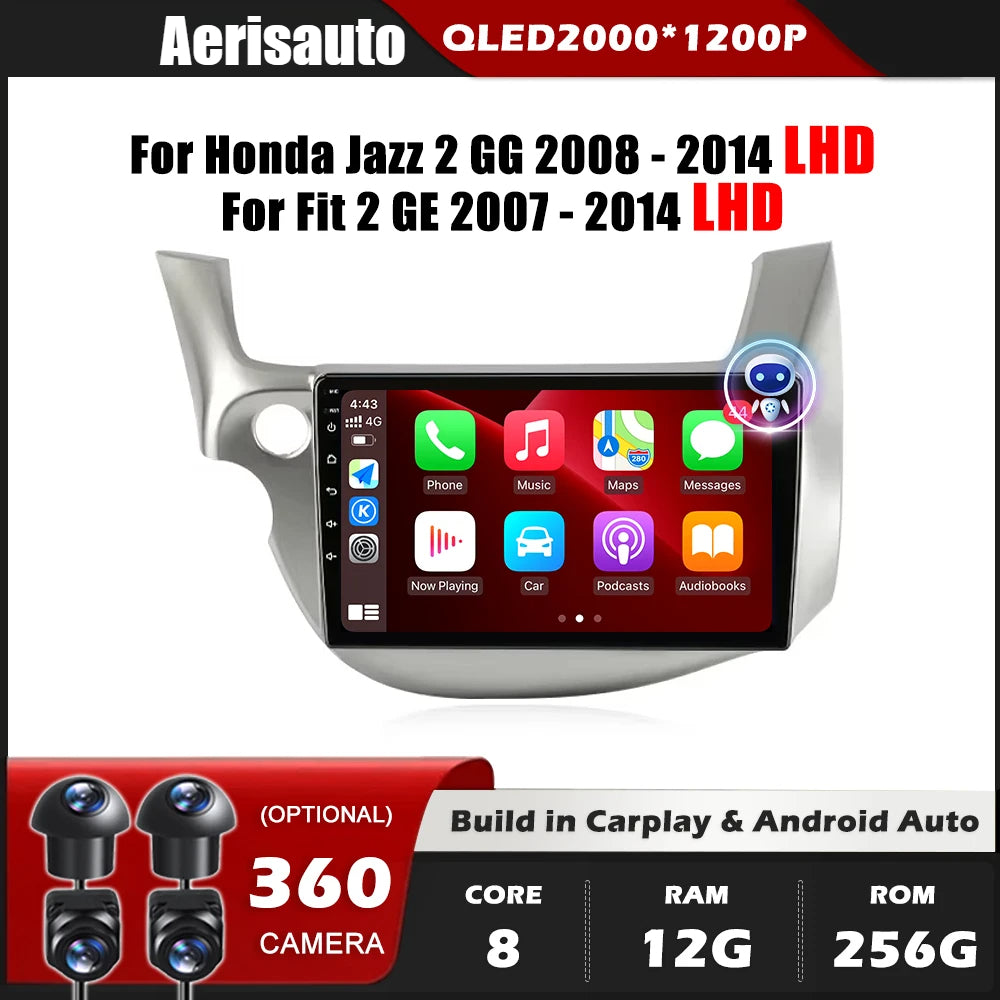 9''For Honda Jazz 2 GG 200-2014 Fit 2 GE 2007-2014 AERISAUTO for Apple Android screen and  Android Auto