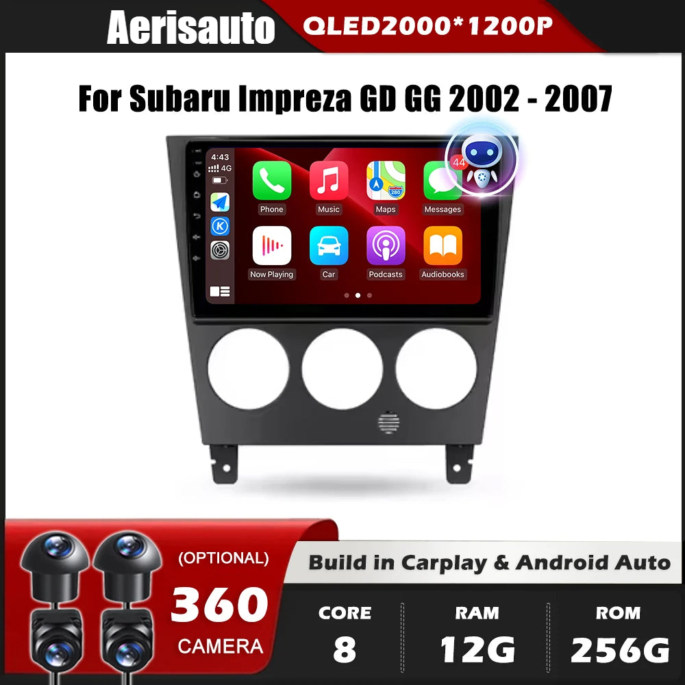 9''For Subaru Impreza GD GG 2002-2007 AERISAUTO for Apple Android screen and  Android Auto