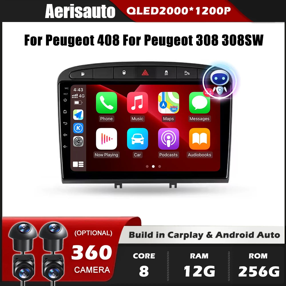 9''For Peugeot 408 Peugeot 308 308 SW AERISAUTO for Apple Android screen and  Android Auto