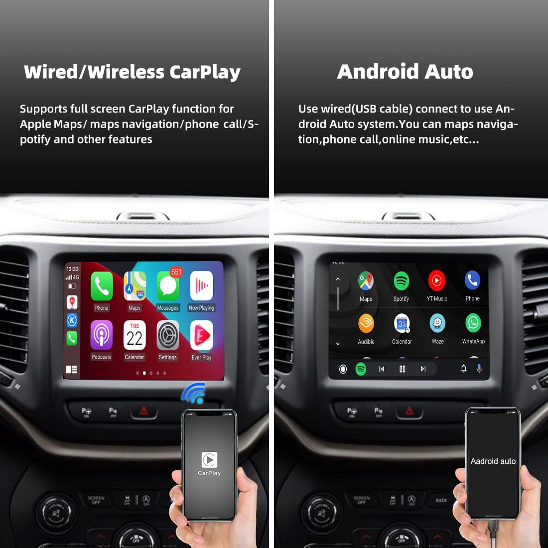 For Jeep Grand Cherokee XJ KL Wrangler 2014-2020 AERISAUTO for Apple CarPlay Module and  Android Auto