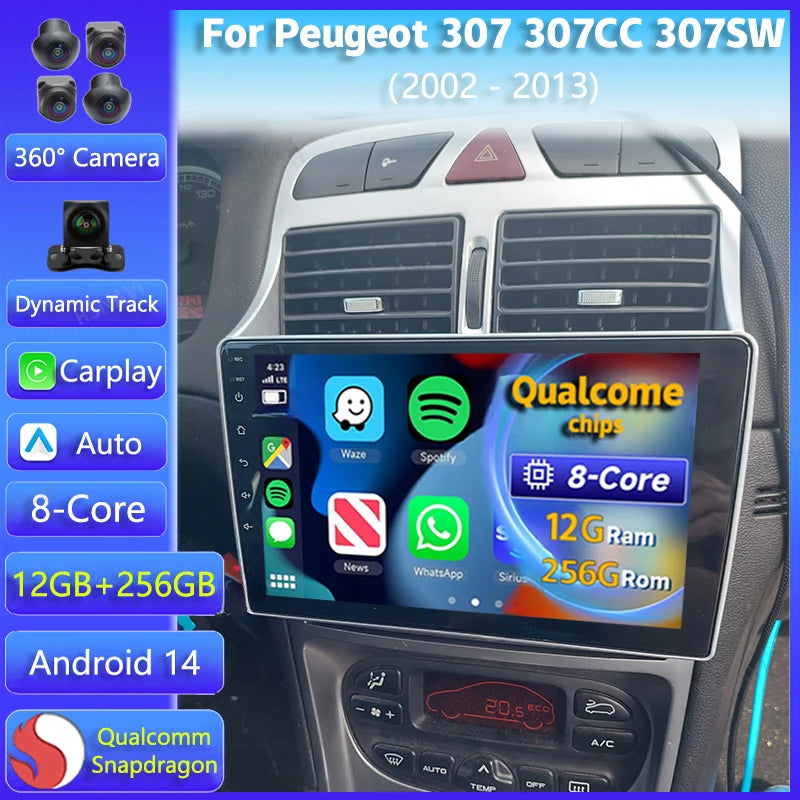 Android 14 9''For Peugeot 307 307CC 307SW 2002-2013 AERISAUTO for Apple Android screen and  Android Auto