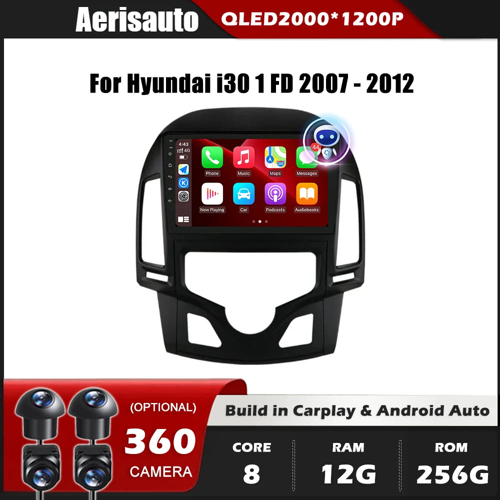 9''For Hyundai i30 1 FD 2007-2012 AERISAUTO for Apple Android screen and  Android Auto