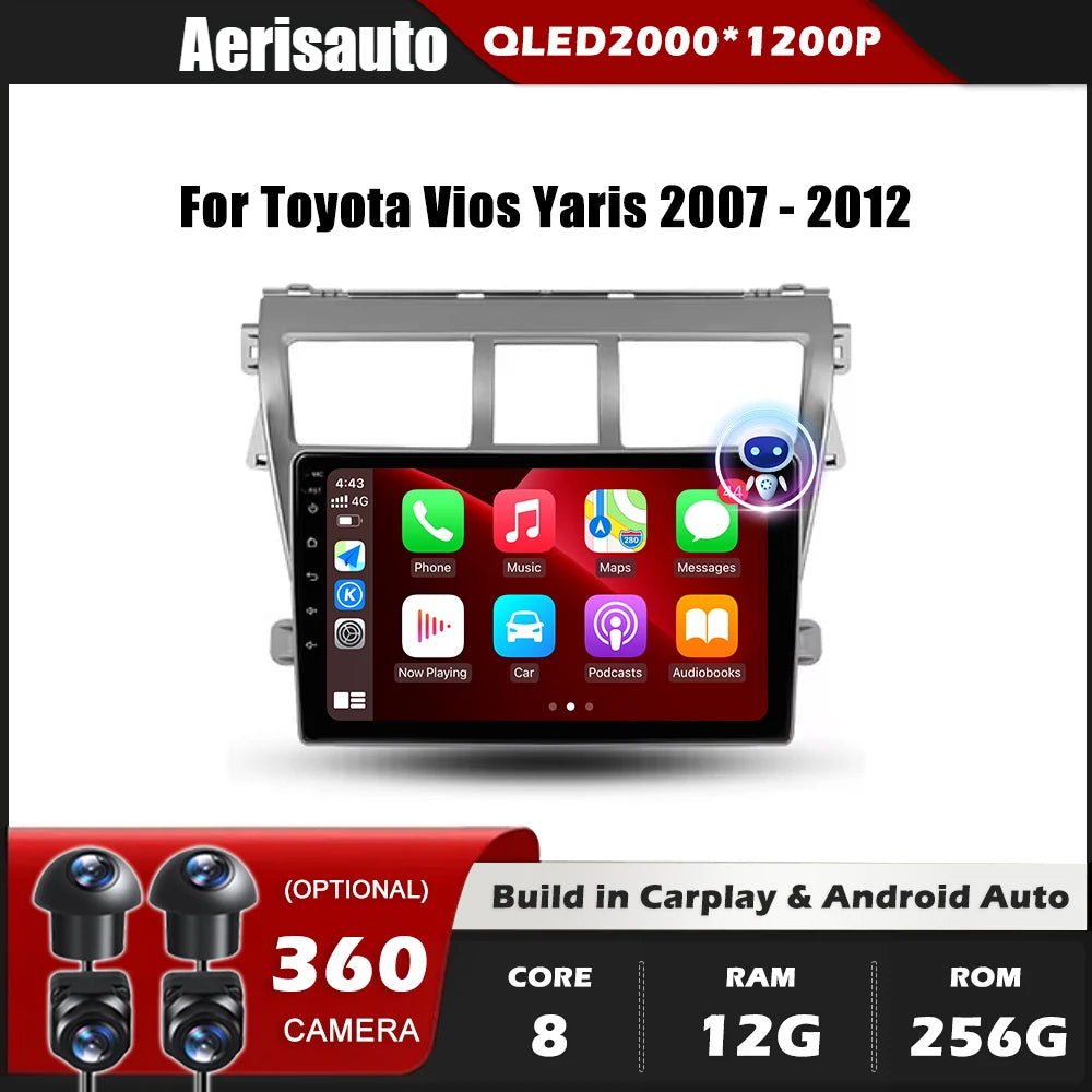 9''For Toyota Vios Yaris 2007-2012 AERISAUTO for Apple Android screen and  Android Auto