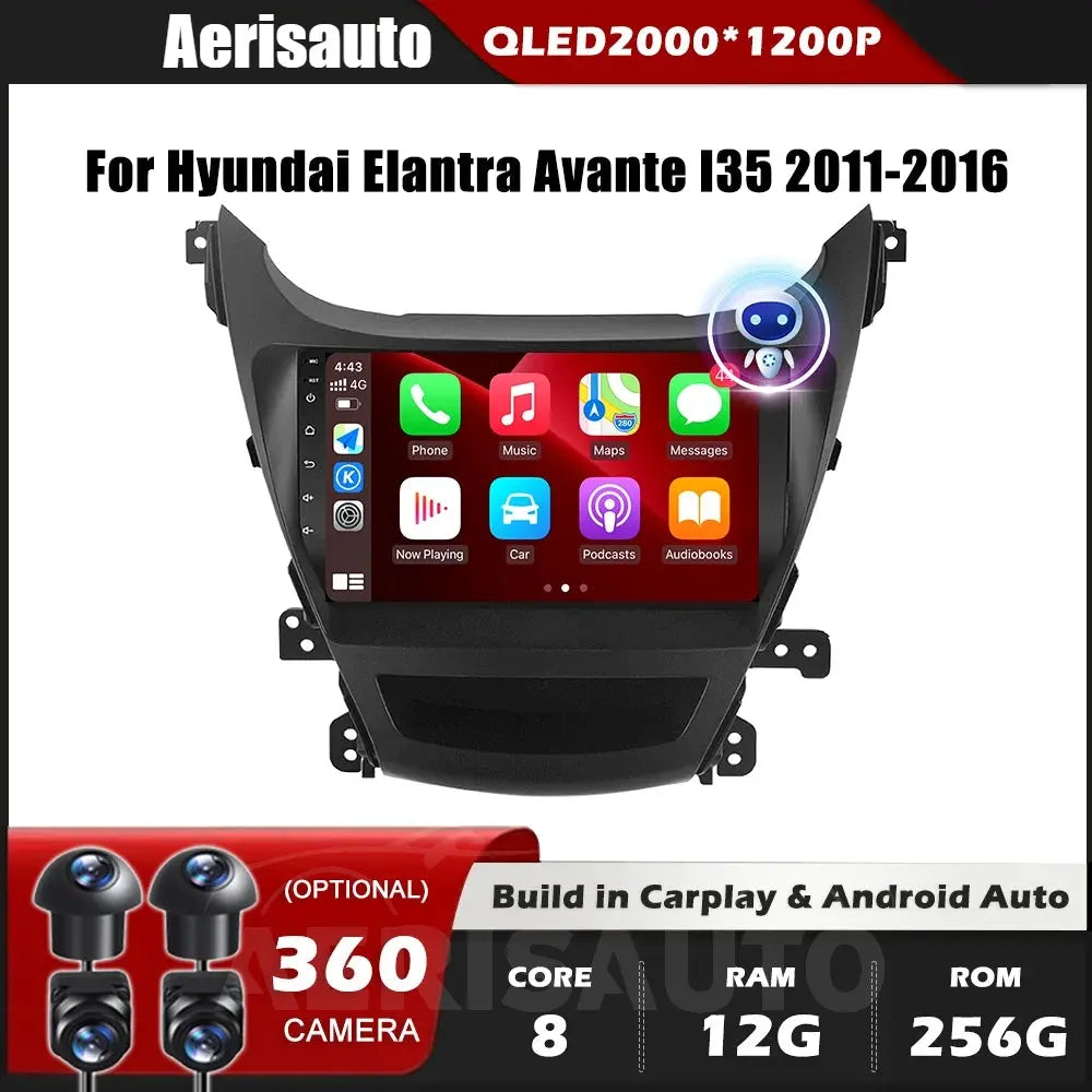 9''For Hyundai Elantra Avante I35 2011-2016 AERISAUTO for Apple Android screen and  Android Auto Aerisauto