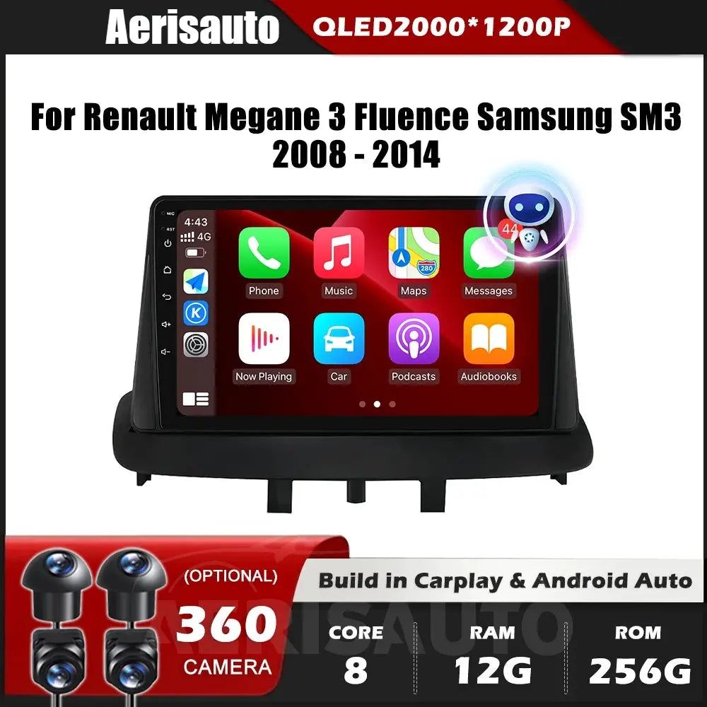 9''For Renault Megane 3 Fluence Samsung SM3 2008 - 2014 AERISAUTO for Apple Android screen and  Android Auto Aerisauto