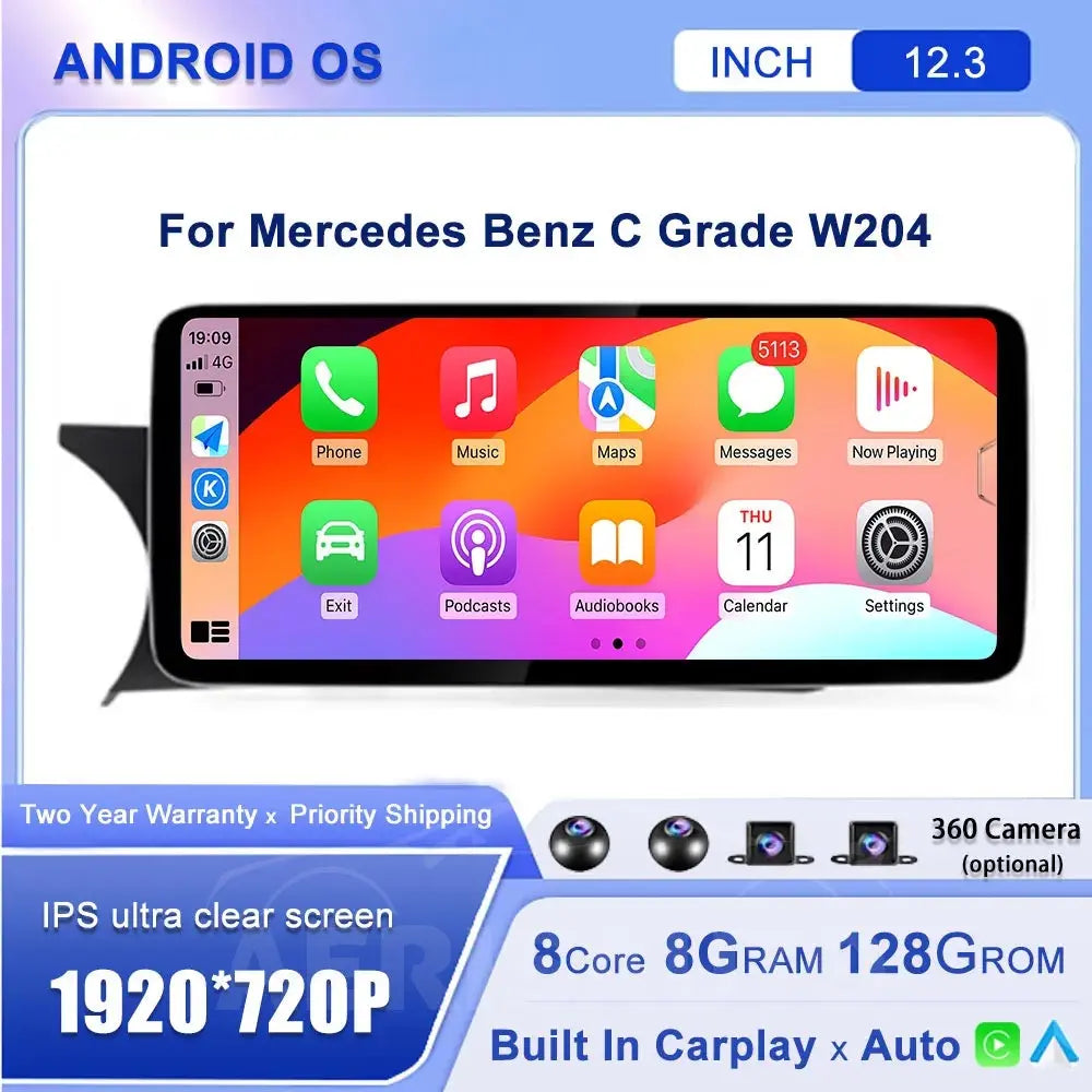 Android 14 12.3''For Mercedes Benz C Grade W204 NTG 4.5 2011-2014 AERISAUTO for Apple Android screen and  Android Auto Aerisauto