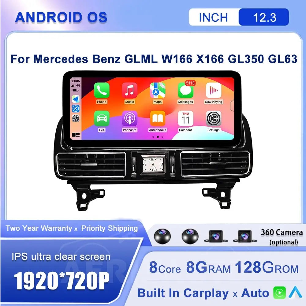 Android 14 12.3"For Mercedes Benz GLML W166 X166 GL350 GL63 AERISAUTO for Apple Android screen and  Android Auto Aerisauto