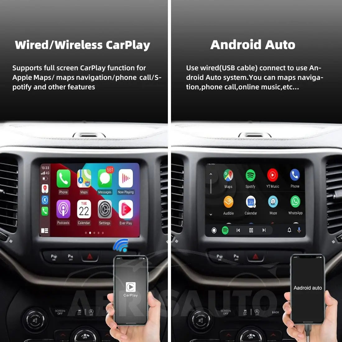 For Jeep Grand Cherokee XJ KL Wrangler 2014-2020 AERISAUTO for Apple CarPlay Module and  Android Auto Aerisauto