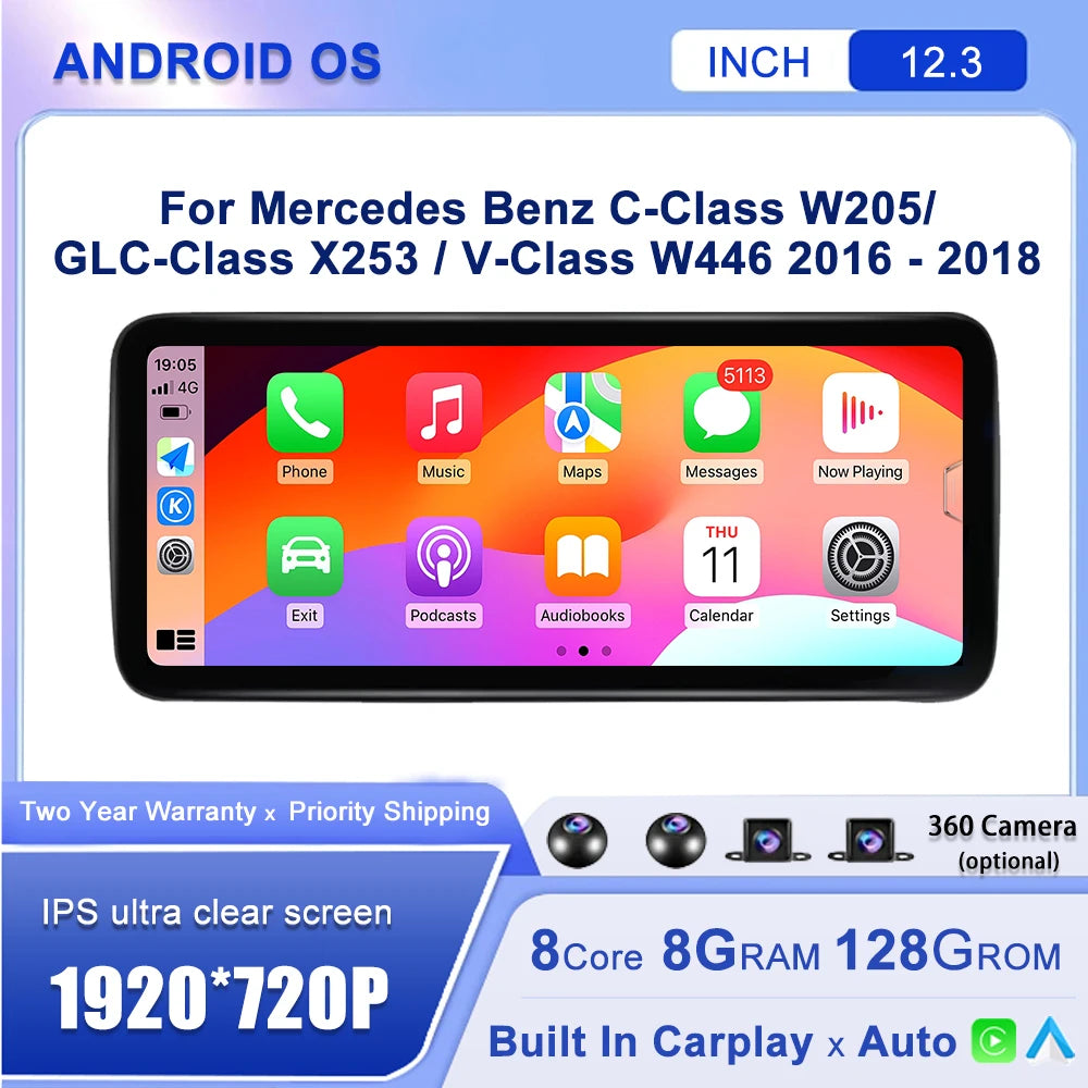 Android 14 12.3"For Mercedes Benz C-Class W205 / GLC-Class X253 / V-Class W446 2016-2018 AERISAUTO for Apple Android screen and  Android Auto