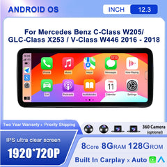 Android 14 12.3"For Mercedes Benz C-Class W205 / GLC-Class X253 / V-Class W446 2016-2018 AERISAUTO for Apple Android screen and  Android Auto