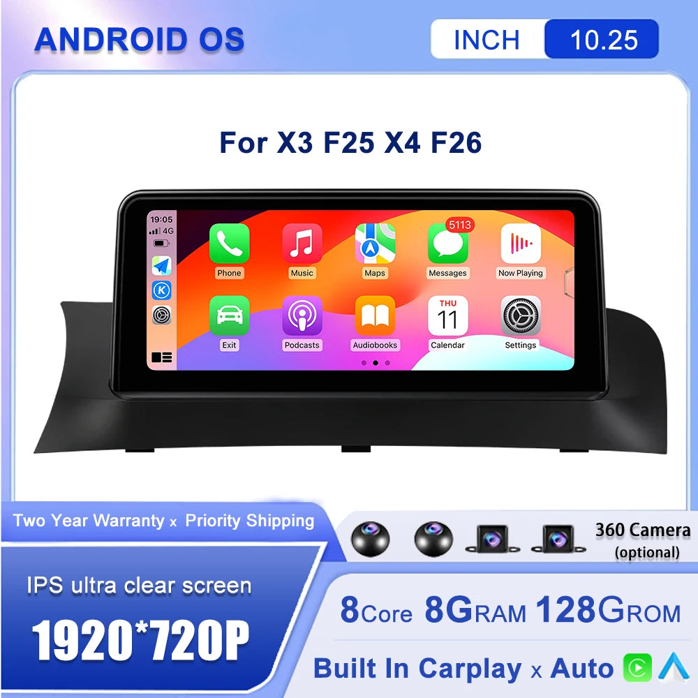 Android 14 10.25''For BMW X3 F25 X4 F26 AERISAUTO for Apple Android screen and  Android Auto