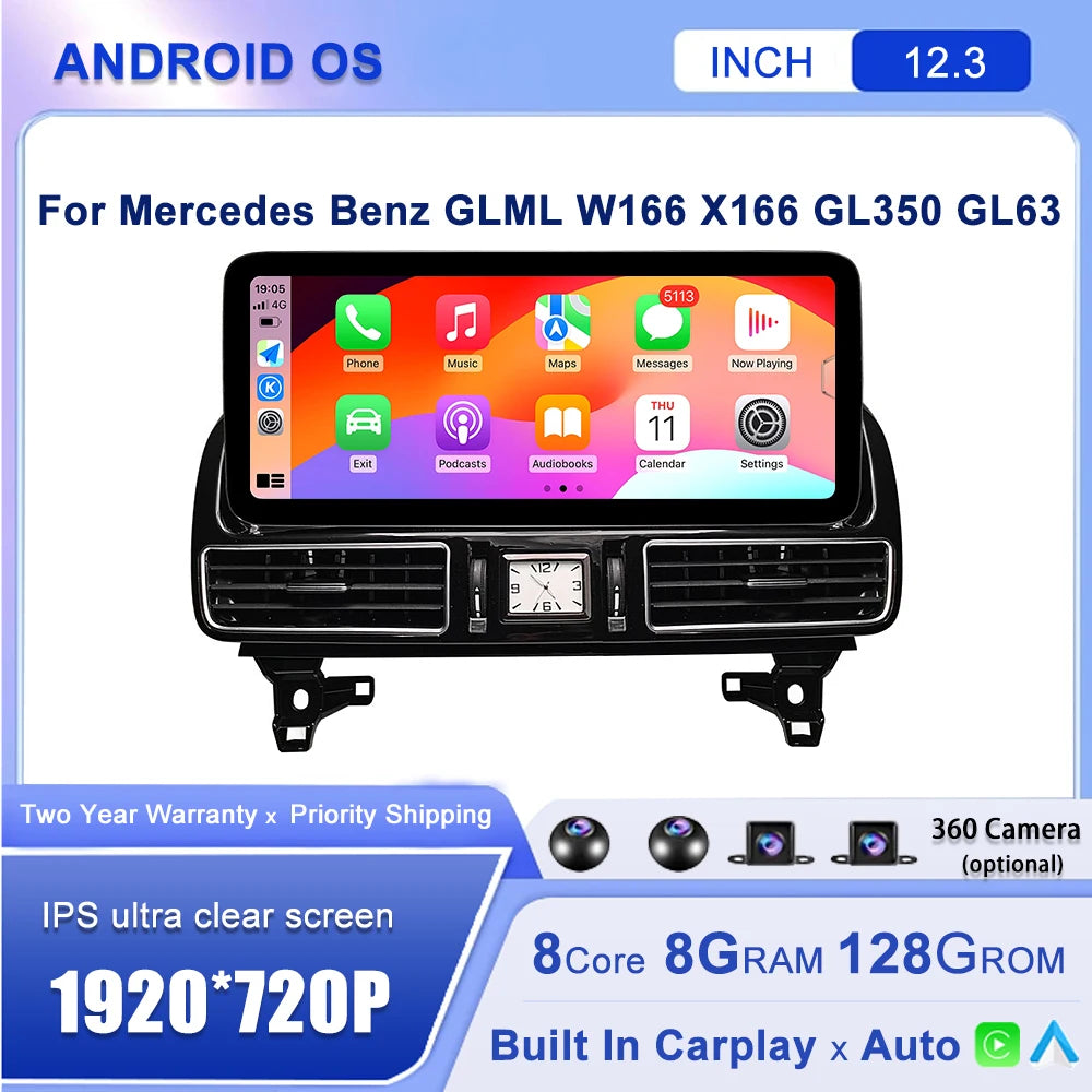 Android 14 12.3"For Mercedes Benz GLML W166 X166 GL350 GL63 AERISAUTO for Apple Android screen and  Android Auto