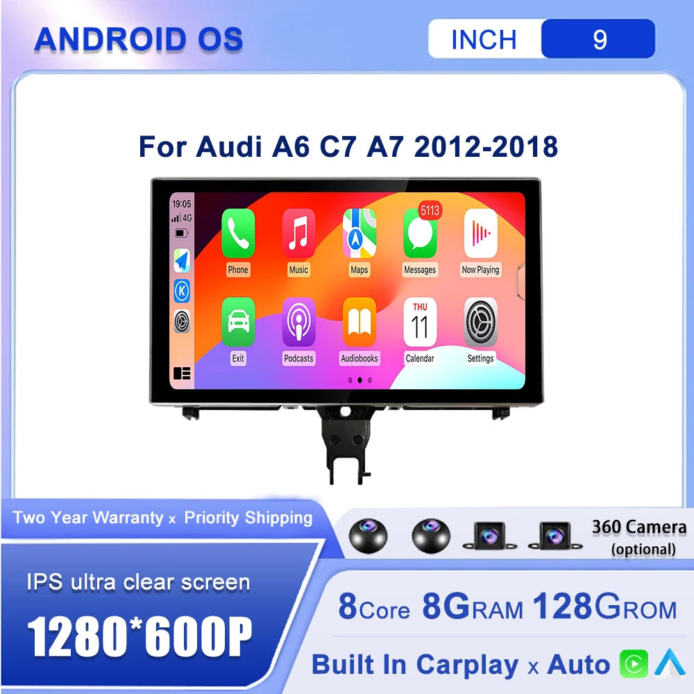 9''For Audi A6 C7 A7 2012-2018 AERISAUTO for Apple Android screen and  Android Auto