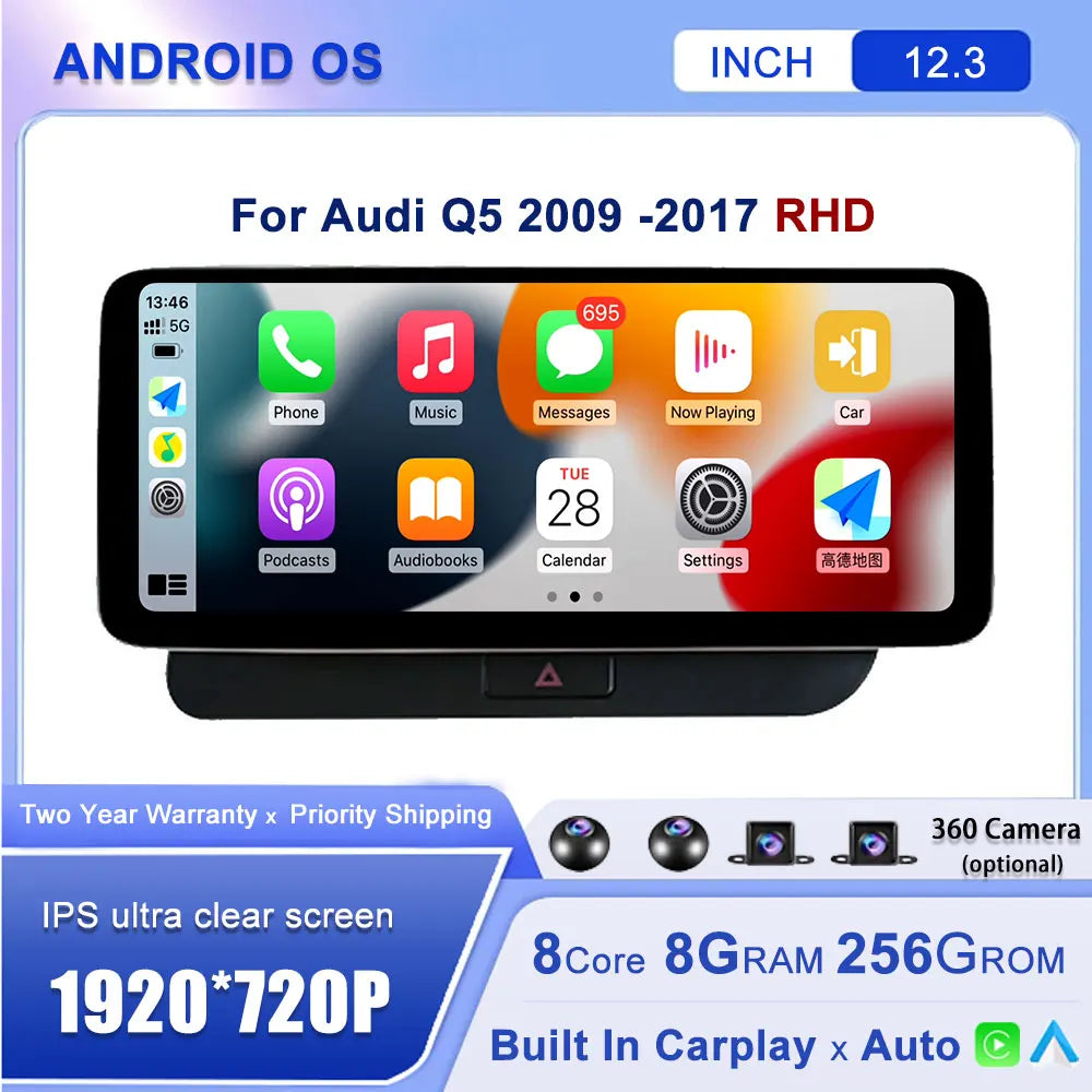 Android 14 12.3"For Audi Q5 2009-2017 AERISAUTO for Apple Android screen and  Android Auto