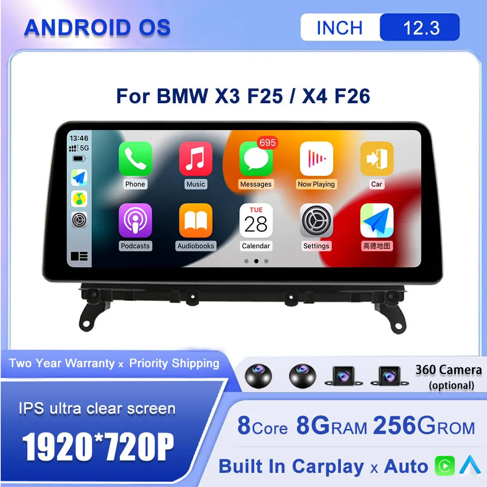 Android 14 12.3''For BMW X3 F25 / X4 F26 CIC NBT AERISAUTO for Apple Android screen and  Android Auto