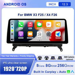 Android 14 12.3''For BMW X3 F25 / X4 F26 CIC NBT AERISAUTO for Apple Android screen and  Android Auto