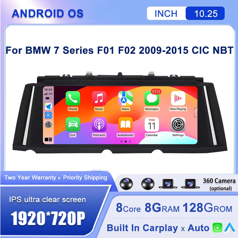 Android 14 10.25''For BMW 7 Series F01 F02 CIC NBT  2009-2015 Car Player Multimedia Original GPS Navigation CarPlay Auto Wifi