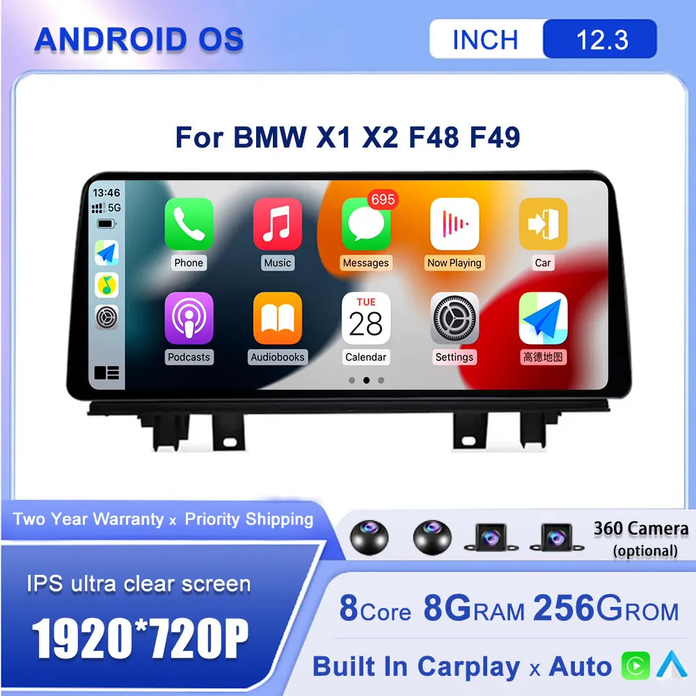 Android 14 12.3''For BMW X1 X2 F48 F49 2013-2020 NBT EVO AERISAUTO for Apple Android screen and  Android Auto