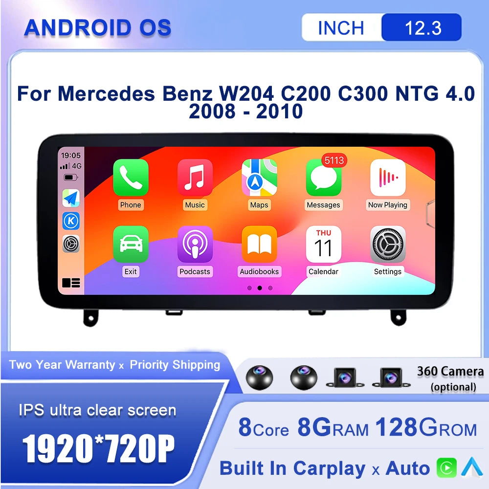 12.3"For Mercedes Benz W204 C200 C300 NTG 4.0 2008-2010 AERISAUTO for Apple Android screen and  Android Auto