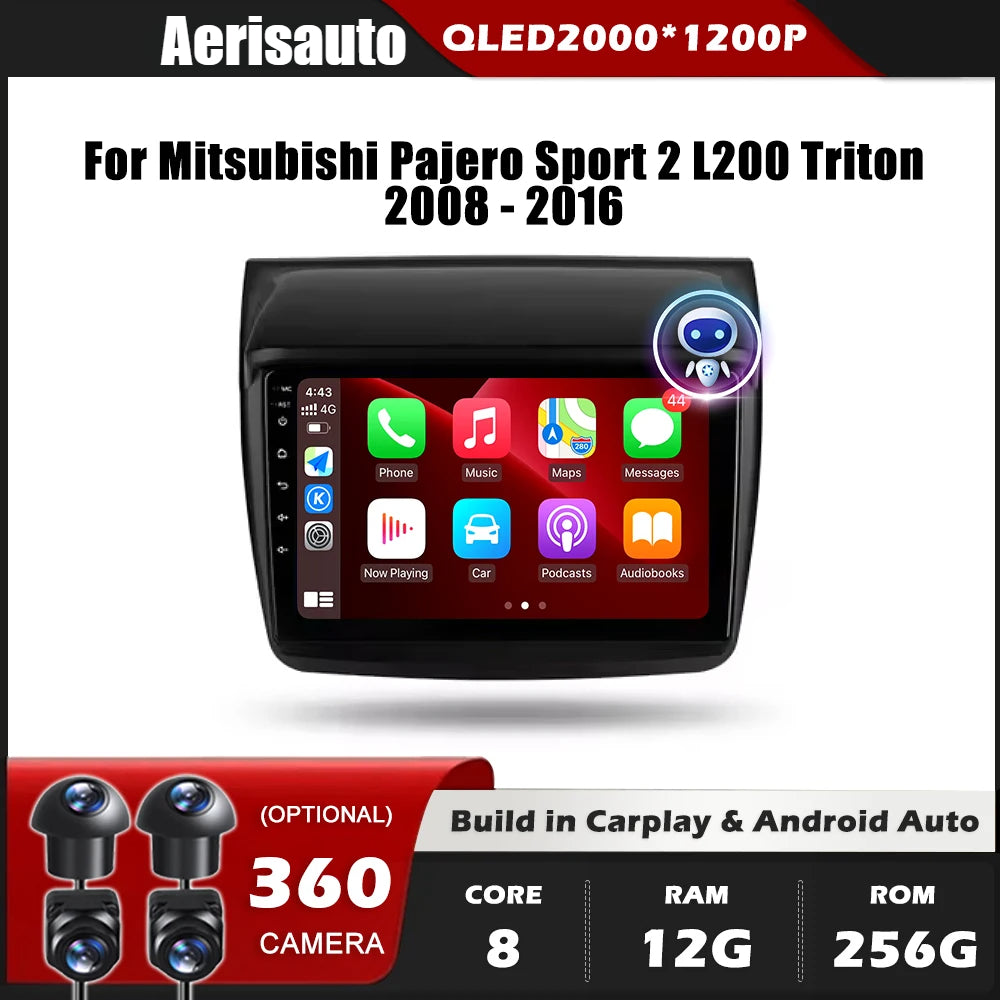 9'' For Mitsubishi Pajero Sport 2 L200 Triton 2008-2016 AERISAUTO for Apple Android screen and  Android Auto