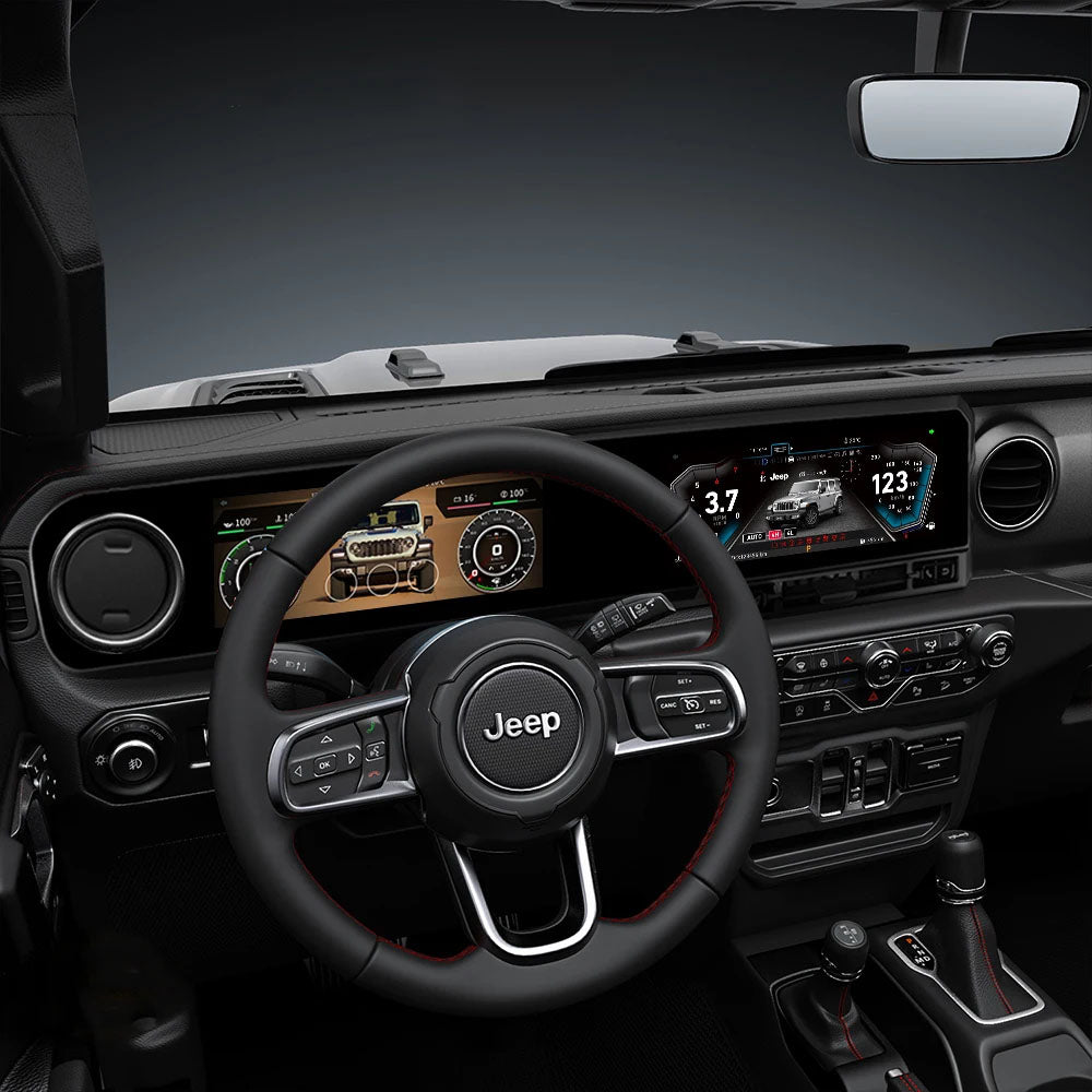For Jeep Wrangler 2018-2024 Digital Dashboard Cluster Dual Screen Car Radio Strip Screen CarPlay Android Auto Speed Meter Screen