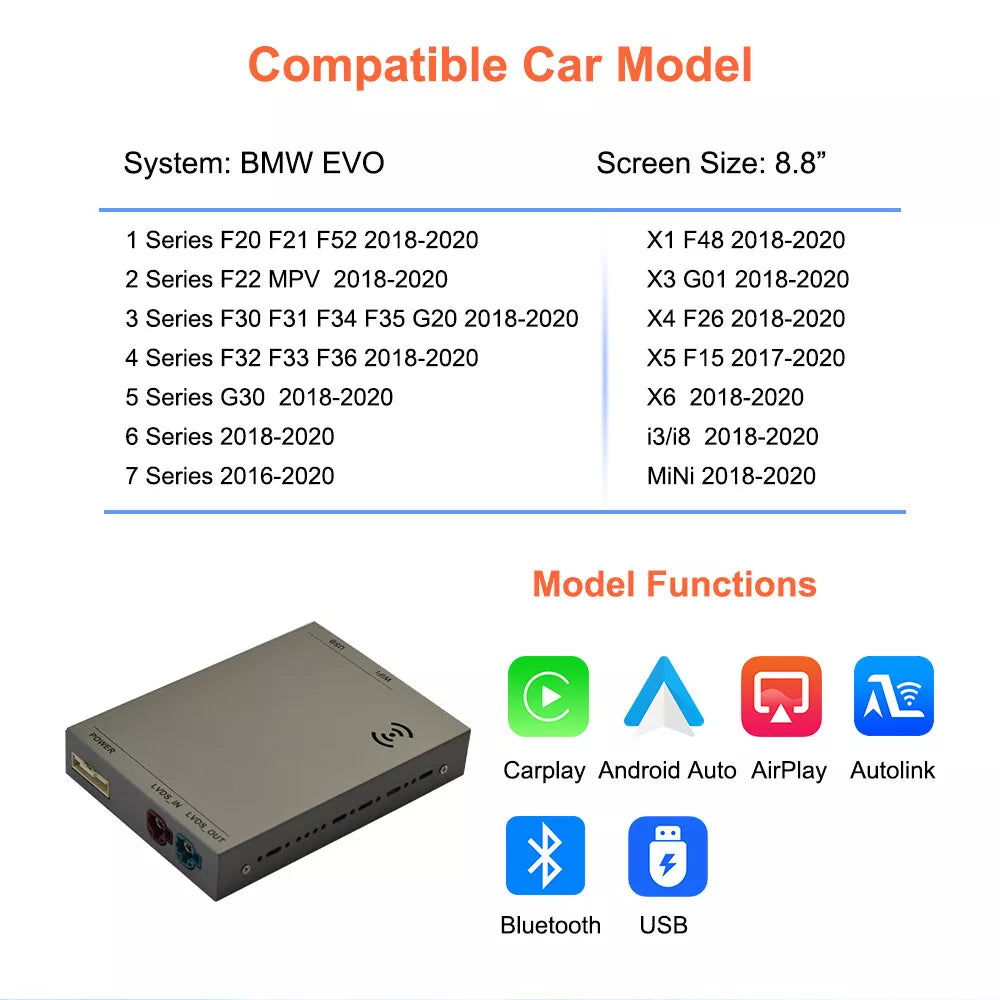 Boîtier de module CarPlay Android Auto sans fil pour système BMW EVO F20 G30 F48 F15 G01 
